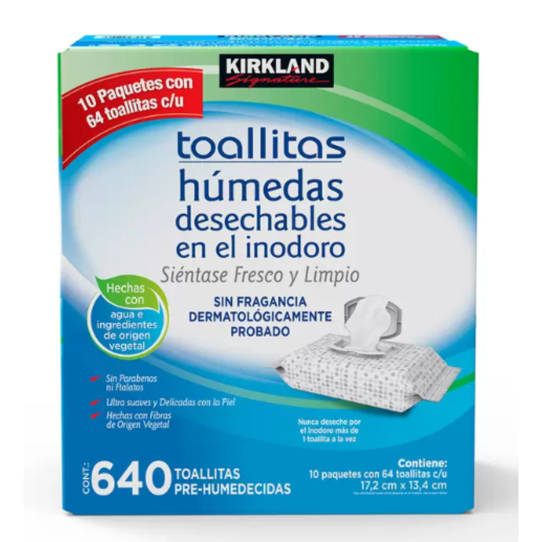 Kirkland Signature toallitas húmedas desechables en el inodoro caja con 640 toallitas